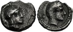 Greek LYCIA, Xanthos. temp. Vekhssere II. Circa 400-380 BC. AR Hemiobol (7.5mm, 0.24 g, 12h). Helmeted head of Athena right / Laureate head of Apollo right; diskeles behind neck. Müseler VII, 34. Tone