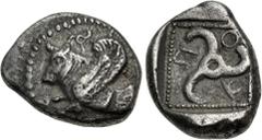 Greek DYNASTS of LYCIA. Kuprilli. Circa 480-440 BC. AR Third Stater (14mm, 2.68 g). Forepart of winged boar left; triskeles above / Triskeles in dotted square within incuse square. Mørkholm & Zahle 18