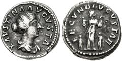 Roman Imperial Faustina Junior. Augusta, AD 147-175. AR Denarius (17mm, 3.20 g, 12h). Rome mint. Struck under Marcus Aurelius and Lucius Verus, circa AD 161. Draped bust right / Fecunditas standing le