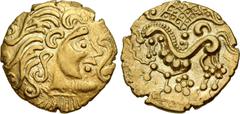 Celtic GAUL, Northeast. Parisii. 2nd century BC. AV Stater (22mm, 7.41 g, 4h). Class IV ("au nez retroussé"). Celticized head of Apollo right; ornament before / Celticized horse galloping left; the ch