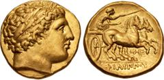 Greek KINGS of MACEDON. temp. Philip II – Alexander III. Circa 340/36-328 BC. AV Stater (18mm, 8.61 g, 5h). In the name and types of Philip II. Pella mint. Laureate head of Apollo right / Charioteer, 