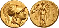 Greek KINGS of MACEDON. temp. Alexander III – Kassander. Circa 325-310 BC. AV Stater (17mm, 8.60 g, 10h). In the name and types of Alexander III. Uncertain mint in Greece or Macedon. Helmeted head of 