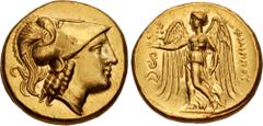 Greek KINGS of MACEDON. Philip III Arrhidaios. 323-317 BC. AV Stater (18mm, 8.59 g, 3h). Lampsakos mint. Struck under Leonnatos, Arrhidaios, or Antigonos I Monophthalmos. Helmeted head of Athena right