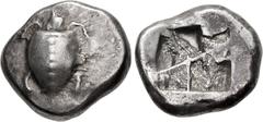 Greek ISLANDS off ATTICA, Aegina. Circa 550-530/25 BC. AR Stater (22mm, 12.28 g). Sea turtle, head in profile, with heavy collar and row of dots down its back / Rough incuse square with irregular line