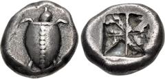 Greek ISLANDS off ATTICA, Aegina. Circa 550-530/25 BC. AR Stater (19.5mm, 11.88 g). Sea turtle, head in profile, with thin collar and row of dots down its back / Deep incuse square with proto-"Union J