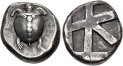 Greek ISLANDS off ATTICA, Aegina. Circa 480-457 BC. AR Stater (20mm, 12.31 g, 12h). Sea turtle, head in profile, with 'T-back' design on shell / Large square incuse with skew pattern. Meadows, Aegina,