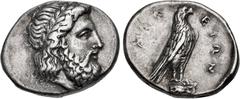 Greek ELIS, Olympia. 107th Olympiad. 352 BC. AR Stater (26.5mm, 11.89 g, 12h). 'Zeus' mint. Head of Zeus right, wearing laurel wreath / Eagle, with closed wings, standing right on Ionic capital; FAΛ-E