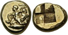 Greek MYSIA, Kyzikos. Circa 450-330 BC. EL Hekte – Sixth Stater (10mm, 2.67 g). Nude Herakles kneeling left in foreground, and his brother, Iphikles, also nude, kneeling right in background, fighting 