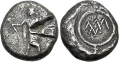Greek LEVANTINE REGION, Uncertain. Early-mid 5th century BC. AR Stater (19mm, 9.59 g, 12h). Figure, wearing long chiton, holding short scepter or torch in extended right hand; unclear legend to right 