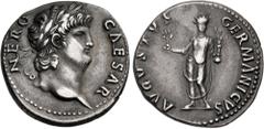 Roman Imperial Nero. AD 54-68. AR Denarius (17mm, 3.22 g, 6h). Rome mint. Struck circa AD 64-65. Laureate head right / Nero standing facing, radiate and togate, holding branch and Victory on globe. RI