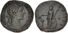 Roman Imperial Commodus. AD 177-192. Æ Sestertius (30.5mm, 26.45 g, 6h). Rome mint. Struck under Marcus Aurelius and Commodus, AD 179. Laureate head right / Minerva standing left, dropping incense on 