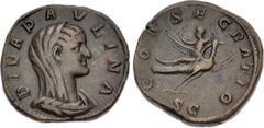 Roman Imperial Diva Paulina. Died before AD 235. Æ Sestertius (30mm, 22.18 g, 11h). Consecration issue. Rome mint. 2nd emission of Maximinus I, AD 236. Veiled and draped bust right / Paulina, raising 