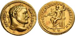 Roman Imperial Galerius. As Caesar, AD 293-305. AV Aureus (17mm, 5.24 g, 6h). Treveri (Trier) mint. Struck 20 November AD 303. MAXIMI ANVS NOB C, laureate head right / IOVI CONSERVAT AVGG ET CAESS NN,