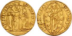 World ITALY, Genova. The Biennial Doges. 1528-1797. AV Zecchino (20mm, 3.56 g, 7h). Copying the types of Venice. Genova mint. Struck circa 1554. St. John standing right, presenting banner to doge knee