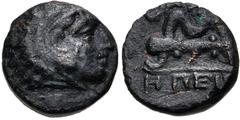 MACEDON, Philippoi (as Krenides). Circa 360-356 BC. Æ (10mm, 1.20 g, 2h). Head of Herakles right, wearing lion skin / Club and bow. Bellinger, Philippi 2; Le Rider, Thasiennes 29; SNG ANS 646. Near VF