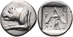 ARGOLIS, Argos. Circa 90-40 BC. AR Hemidrachm (16mm, 2.48 g, 11h). Hieronos, magistrate. Forepart of wolf at bay left / Large A; magistrate’s name across field; below, eagle standing right; all within