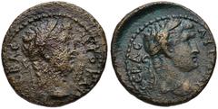 LYDIA, Germe. Titus, with Domitian as Caesar. AD 79-81. Æ (17mm, 3.38 g, 12h). Laureate head of Titus right; grain ears before / Laureate head of Domitian right. RPC II 930. Near VF, rough tan surface