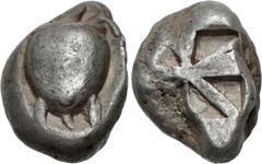 Greek ISLANDS off ATTICA, Aegina. Circa 525-480 BC. AR Stater (15mm, 11.79 g). Sea turtle, head in profile, with thick collar [and row of dots down its back] / Incuse square of 'Union Jack' pattern wi