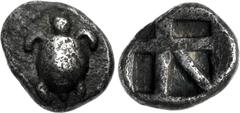 Greek ISLANDS off ATTICA, Aegina. Circa 480-457 BC. AR Hemiobol (7.5mm, 0.49 g, 6h). Sea turtle / Large square incuse with skew pattern. Meadows, Aegina, Group IIIa; HGC 6, 453. Toned, faint scratches