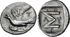 Greek SIKYONIA, Sikyon. Circa 100-60 BC. AR Triobol – Hemidrachm (16mm, 2.49 g, 3h). Polykra–, magistrate. Dove flying left; T to right / Σ within incuse square. BCD Peloponnesos 341 (this coin); HGC 