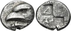 Greek PAPHLAGONIA, Sinope. Circa 425-410 BC. AR Drachm (18mm, 5.98 g). Head of sea-eagle left; below, dolphin left / Quadripartite incuse square with two opposing quarters filled, Δ within one unfille
