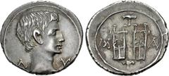 Roman Provincial LYCIAN LEAGUE. Augustus. 27 BC-AD 14. AR Drachm (20mm, 3.62 g, 12h). Masicytus mint. Struck circa 27-20 BC. Bare head right / Two citharas, with plectrum above and below. Troxell, Lyc