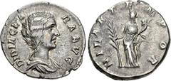 Roman Imperial Didia Clara. Augusta, AD 193. AR Denarius (17.5mm, 2.99 g, 6h). Rome mint. Struck under Didius Julianus. Draped bust right / Hilaritas standing left, holding long palm frond and cornuco