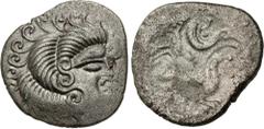 Celtic GAUL, Northwest. Coriosolites. Circa 100-50 BC. BI Stater (22mm, 6.17 g, 6h). Celtic head right, hair in large spiral curls, S-like ear; [pearl strings flowing around] / Stylized charioteer dri