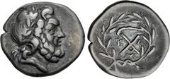 Greek ACHAIA, Achaian League. Megalopolis. Circa 175-168 BC. AR Triobol – Hemidrachm (16.5mm, 2.39 g, 6h). Laureate head of Zeus right / Achaian League monogram; lagobolon above, K to left, Δ to right