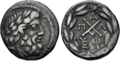 Greek ACHAIA, Achaian League. Pallantion. Early 1st century BC. AR Triobol – Hemidrachm (14.5mm, 2.21 g, 7h). Laureate head of Zeus right / Achaian League monogram; A above, Π to left, Λ to right, two