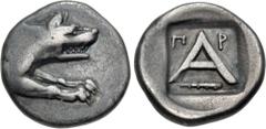 Greek ARGOLIS, Argos. Circa 330-270 BC. AR Triobol – Hemidrachm (14.5mm, 2.69 g, 5h). Forepart of wolf right / Large A; Π–Ρ above, club right below; all within shallow incuse square. BCD Peloponnesos 