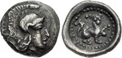 Greek LYCIA, Tlos. Circa 400–380 BC. AR Hemiobol (8mm, 0.35 g, 11h). Helmeted head of Athena right / Lion seated right, head facing, raising forepaw, within incuse circle. Müseler VII, 16. Toned. VF. 