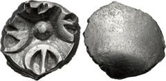 Central Asian INDIA, Early northern trade coinage. Gandhara. Taxila series. AR Scyphate Round Quarter Śatamāna (8.5mm, 0.36 g). "Tetra-radiate" symbol around central pellet / Blank. ATEC 2164-5 = HGC 