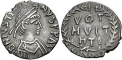 Byzantine Justinian I. 527-565. AR Half Siliqua (13.5mm, 1.22 g, 9h). Heavy issue. Carthage mint. Struck 533/4-537. Diademed, draped, and cuirassed bust right / VOT/ MVLT/ HTI in three lines within wr