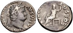 Nero. AD 54-68. AR Denarius (18mm, 3.09 g, 6h). Rome mint. Struck circa AD 66-67. Laureate head right / Jupiter seated left, holding scepter and thunderbolt. RIC I 64; RSC 121. Near VF, toned. This re