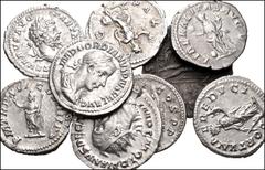 ROMAN. Imperial. Lot of Nine (9) AR and Æ from Septimius Severus to Constantine I. All coins: AR Denarii unless otherwise noted. Includes: Septimius Severus // Caracalla // Geta // Elagabalus // Sever
