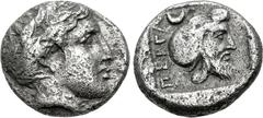 Greek MYSIA, Pergamon. Circa 400 BC. AR Hemidrachm (11.5mm, 1.58 g, 6h). Chian standard. Laureate head of Apollo right / Bearded head right, wearing Persian tiara, within incuse square. Von Fritze, Pe