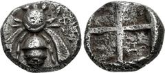 Greek IONIA, Ephesos. Circa 420-405/4 BC. AR Obol (7.5mm, 0.60 g). Lydo-Milesian standard. Bee with curved wings; [E]-Φ flanking / Quadripartite incuse square. Karwiese II, Series 7.2.b var. (no ethni