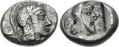 Greek DYNASTS of LYCIA. Kherei. Circa 410-390 BC. AR Drachm (16mm, 4.23 g, 12h). Xanthos mint. Helmeted head of Athena right; monogram behind neck / Head of Kherei right, wearing Persian tiara, within