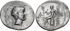 Greek SELEUKID EMPIRE. Antiochos V Eupator. 164-162 BC. AR Tetradrachm (33mm, 15.46 g, 12h). Ptolemaïs (Ake) mint. Struck 164 BC. Diademed head of Antiochos V as a young child right; monogram to left 