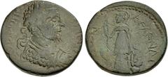 Roman Provincial CILICIA, Celenderis. Macrinus. AD 217-218. Æ (26.5mm, 14.34 g, 5h). Laureate and cuirassed bust right, seen from behind / Athena standin facing, head left, holing serpent-entwined spe