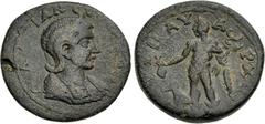 Roman Provincial CILICIA, Corycus. Otacilia Severa. Augusta, AD 244-249. Æ (27mm, 12.06 g, 11h). Draped bust right, wearing stephane / Hermes standing left, drapery over left arm, holding purse and ca