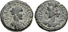 Roman Provincial JUDAEA, Caesarea Maritima. Herennius Etruscus. As Caesar, AD 249-251. Æ (21mm, 7.93 g, 12h). Radiate, draped, and cuirassed bust right, seen from the front / Turreted and draped bust 