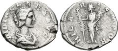 Roman Imperial Didia Clara. Augusta, AD 193. AR Denarius (18mm, 2.75 g, 12h). Rome mint. Struck under Didius Julianus. Draped bust right / Hilaritas standing left, holding long palm frond and cornucop