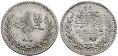 ISLAMIC, Ottoman Empire. Abdülhamid II. AH 1293-1327 / AD 1876-1909. AR 20 Para (13mm, 0.61 g, 12h). Kostantaniye (Constantinople) mint. Dated RY 1 (AD 1876). Tughra; flower to right, RY date below; a