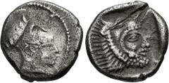Greek LYCIA, Telmessos. 2nd-1st centuries BC. AR Sixth Stater (11mm, 1.47 g, 4h). Helmeted head of Athena right / Head of Herakles right, wearing lion skin, within incuse square. Müseler VI, 97; SNG v