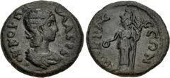 Roman Provincial CILICIA, Colybrassus. Julia Paula. Augusta, AD 219-220. Æ (18mm, 3.57 g, 5h). Draped bust right / Athena standing facing, head left, holding patera and resting on olive tree. RPC VI O