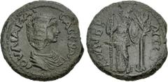 Roman Provincial CILICIA, Colybrassus. Julia Maesa. Augusta, AD 218-224/5. Æ (24mm, 9.66 g, 6h). Draped bust right / Athena standing facing, head left, holding spear and round shield; to right, olive 