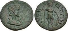 Roman Provincial CILICIA, Lyrbe. Tranquillina. Augusta, AD 241-244. Æ (25mm, 10.02 g, 11h). Draped bust right, wearing stephane, crescent at shoulders / Ares standing facing, head right, holding spear