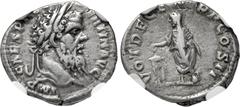 Roman Imperial Pertinax. AD 193. AR Denarius (18mm, 3.30 g, 5h). Rome mint. 2nd emission. Laureate head right / Pertinax standing left, holding volumen and sacrificing out of patera over tripod to lef